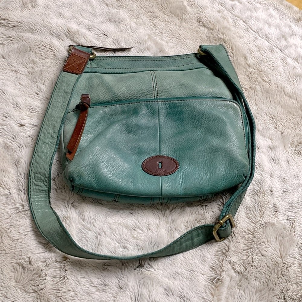 Fossil leather handbag, greenish-blue